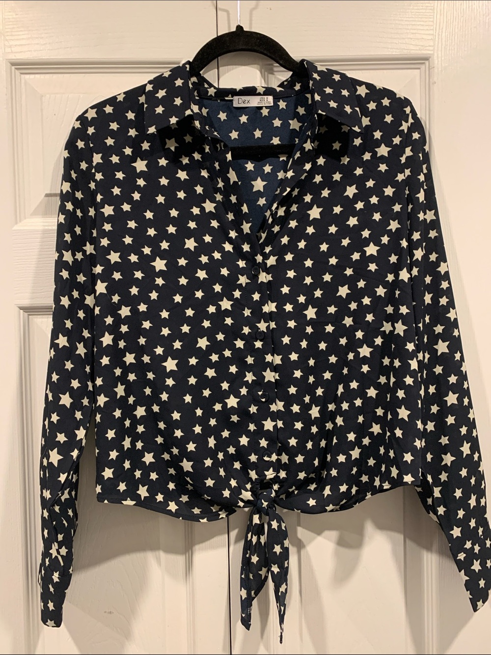 Dex Navy and White Star Tie-Front Button-Down Shirt